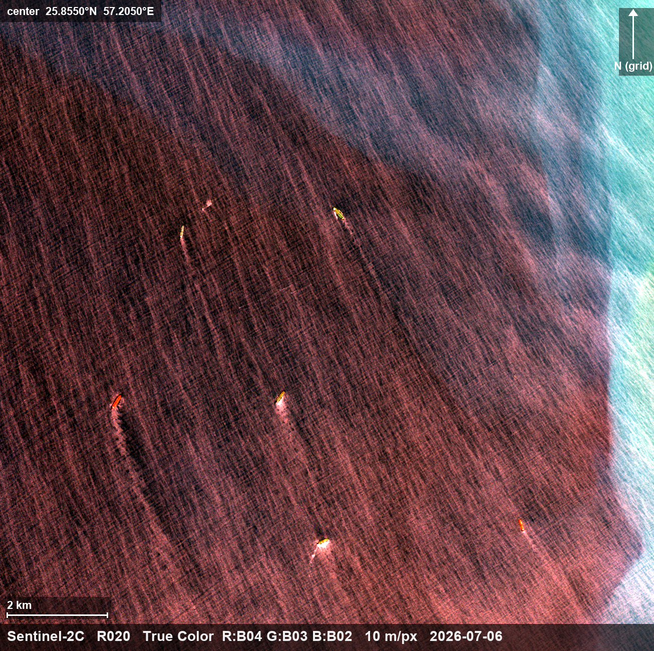 Tanker activity at the Kuh-e Mobarak SPM field, Jask export terminal — 6 July — the offshore mooring field: six large hulls (204-329 m as measured) hold positions 3-8 km from the SPM buoy; the buoy itself is unoccupied
