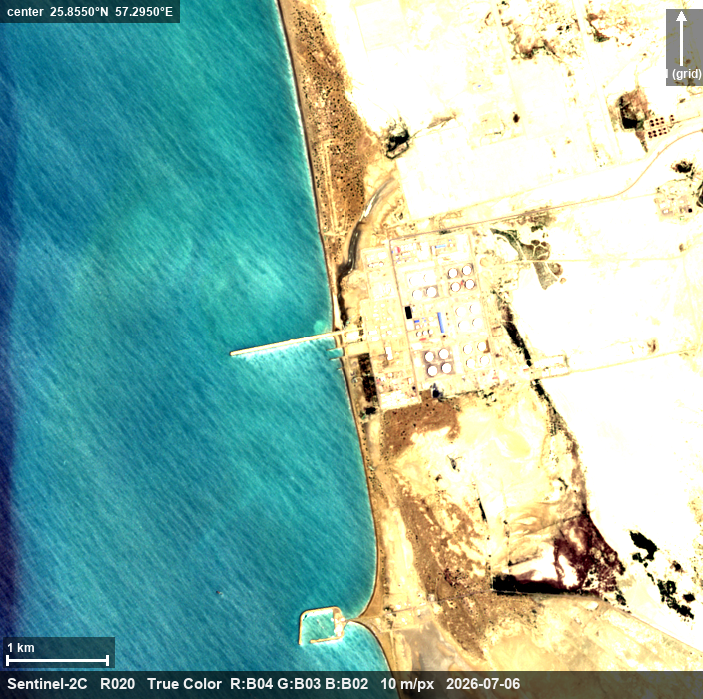 Tanker activity at the Kuh-e Mobarak SPM field, Jask export terminal — 6 July, terminal close-up — tank structures in two groups, a ~1 km trestle pier (no vessel alongside on this pass), and a small breakwater harbor