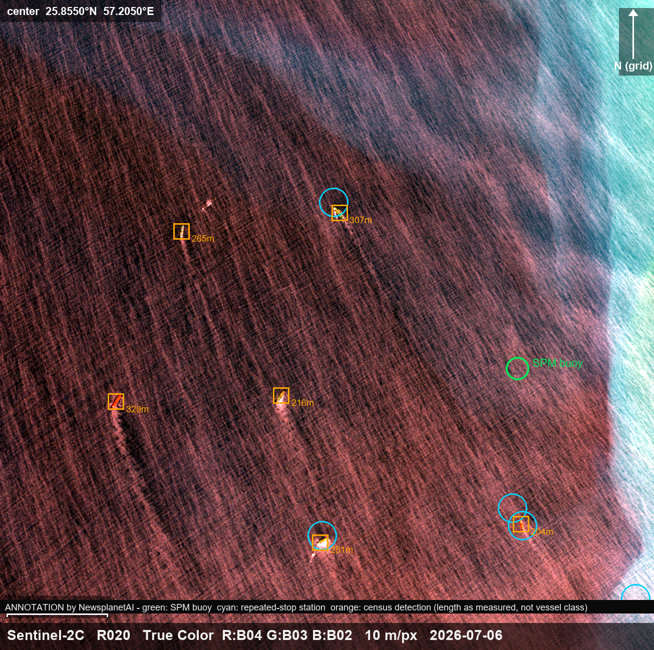 Tanker activity at the Kuh-e Mobarak SPM field, Jask export terminal — 6 July, annotated — green: SPM buoy; cyan: positions where large hulls have stopped repeatedly since late May 2026; orange: hulls detected on this pass