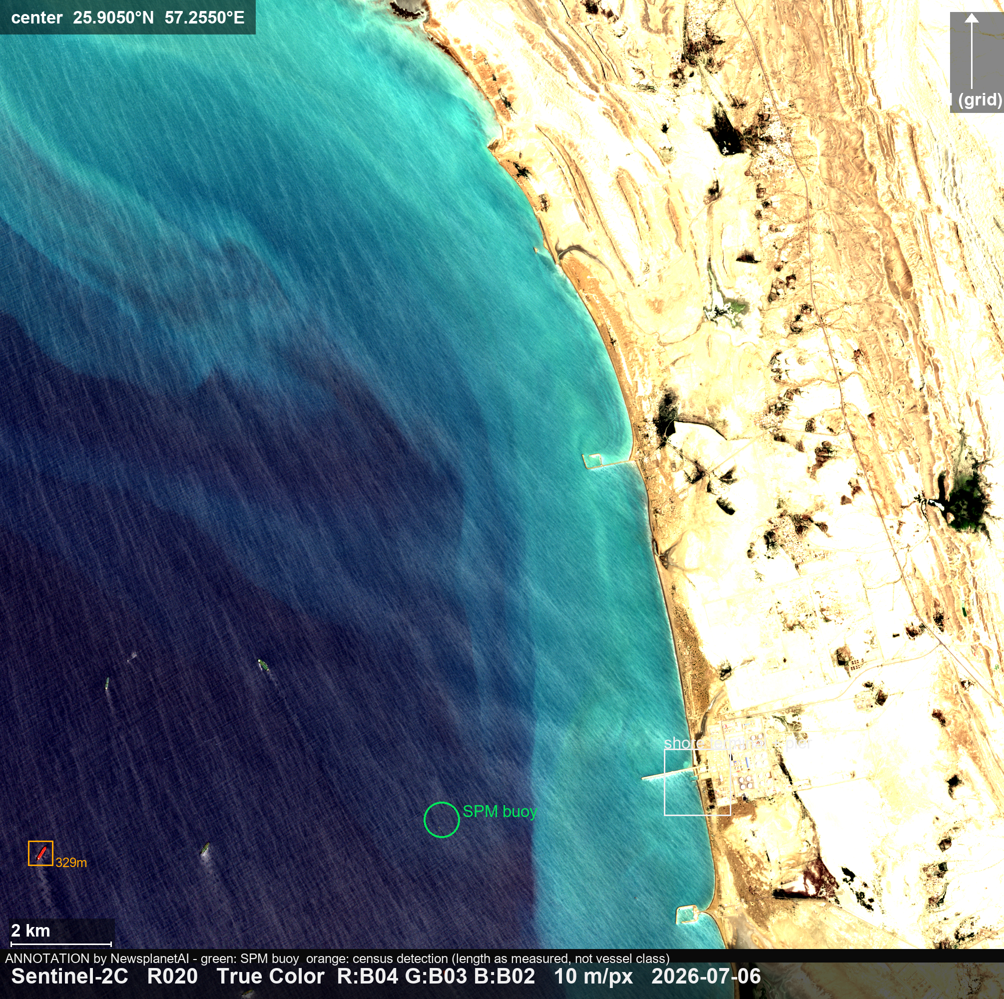 Tanker activity at the Kuh-e Mobarak SPM field, Jask export terminal — 6 July, wide view annotated — shore terminal, SPM buoy position, and the westernmost hull