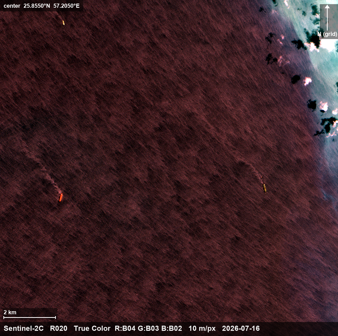 Tanker activity at the Kuh-e Mobarak SPM field, Jask export terminal — 16 July — a ~300 m-class hull moored at the SPM buoy; the surrounding field positions are empty on this pass