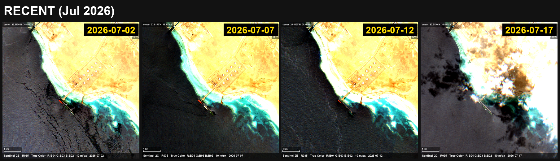 Ras al Muajjiz crude terminal, Yanbu: berth occupancy shifts from intermittent to near-continuous — July 2026 — 4 passes: all 3 readable passes occupied; 17 July cloud-indeterminate