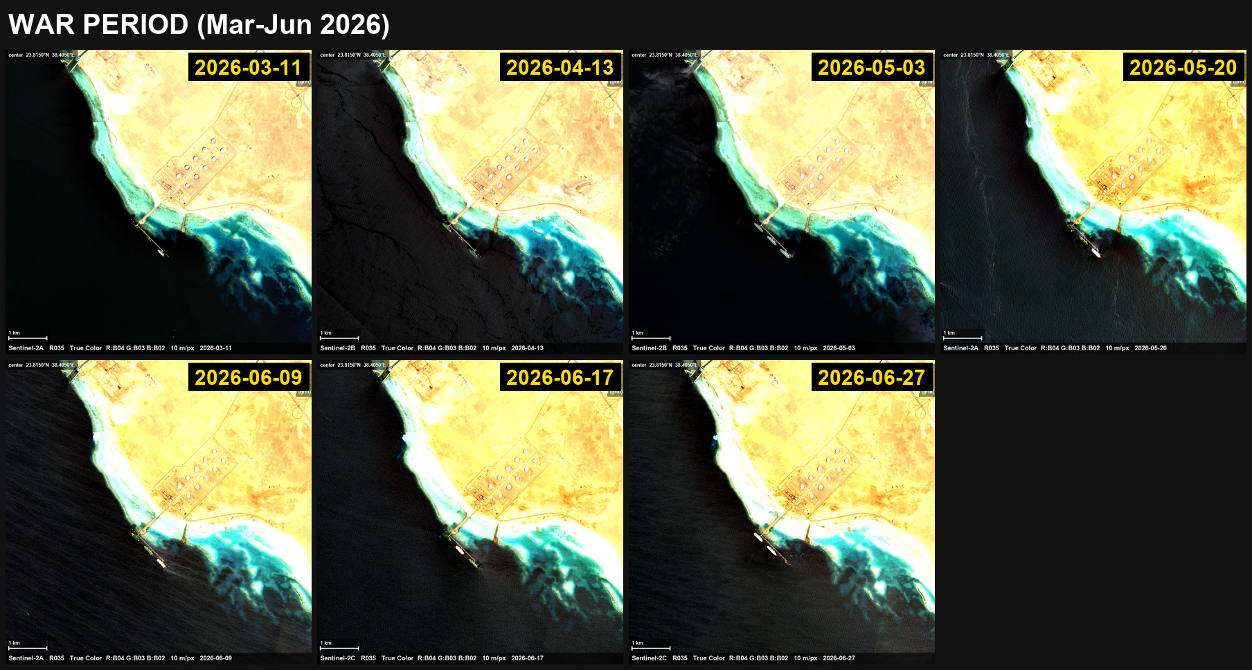 Ras al Muajjiz crude terminal, Yanbu: berth occupancy shifts from intermittent to near-continuous — War era — 7 passes, March to June 2026: occupied on 5 of 7 readable, 2 uncertain